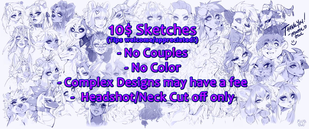 Limited to 2 per person.

THESE ARE ARTISTIC FREEDOM.

I do charge extra for excessive accessories/piercings, clothes, and detailed designs (1$-3$ extra).

Interested? DM me!

I also have half, full and chibis available here for 16$-30$; furaffinity.net/view/63888919/

#furry #furryart