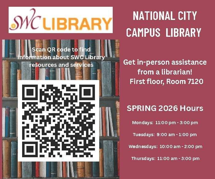 swc_hecnc's tweet photo. SWC LIBRARY HOURS AT HEC NATIONAL CITY - SPRING 2026 https://t.co/E0OGxbCUbS