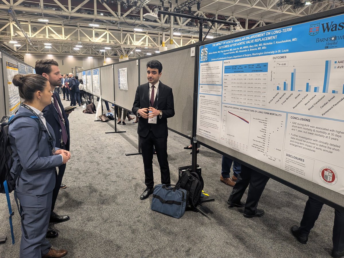 AlexBresciaMD's tweet photo. Our @WashU_CT post doc researcher @MehranRahimi95 competed in #STS2026 poster competition &amp; described the impact of aortic annular enlargement (AAE) during SAVR - risk mortality higher w/ addition of AAE at 30 d &amp; 1 yr but then this flips &amp; AAE superior at 5 yrs @TsuyoshiKaneko1 https://t.co/Xtu9VFhfyR