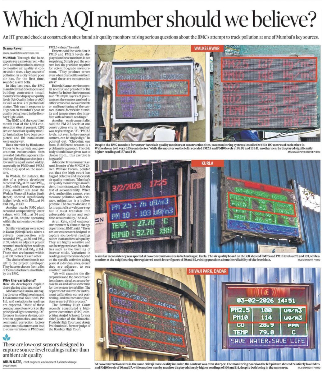 PM 2.5 and PM 10 at Mumbai’s construction sites doesn’t add up.
An <a href="/HT_Mumbai/">Hindustan Times: Mumbai</a> ground report finds wildly varying pollution readings just metres apart, raising serious questions on BMC sanctioned sensor-based monitoring. 

hindustantimes.com/cities/mumbai-…