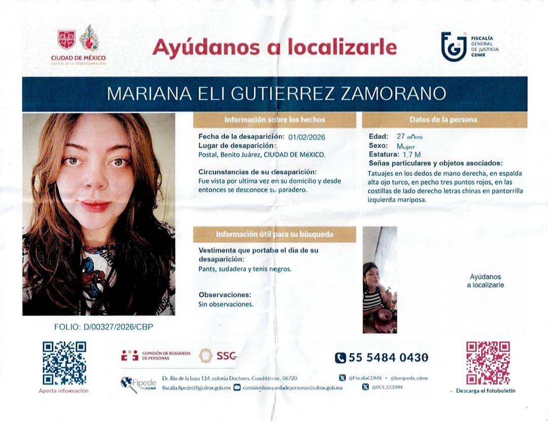 🚨URGENTE🚨

Pedimos tu apoyo para localizar a la vecina de la Colonia Postal, Alcaldía #BJ Mariana Eli Gutiérrez Zamorano

Desapareció el 1° de febrero, en la infografía todos los datos.

Por favor comparte y si tienes información comunícate a los tels.
