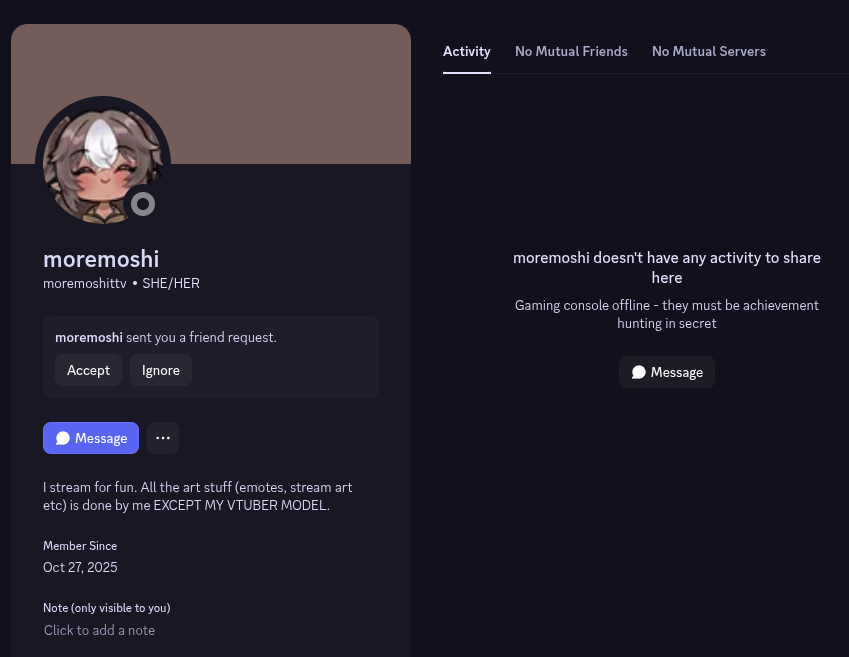 Rellikai's tweet photo. @mostmoshi I think there's another one going around, this one having been a member since oct 2025. They just sent me a friend request. I'm glad I came investigating before engaging in any way with them lol. https://t.co/qRAb3W3nYO