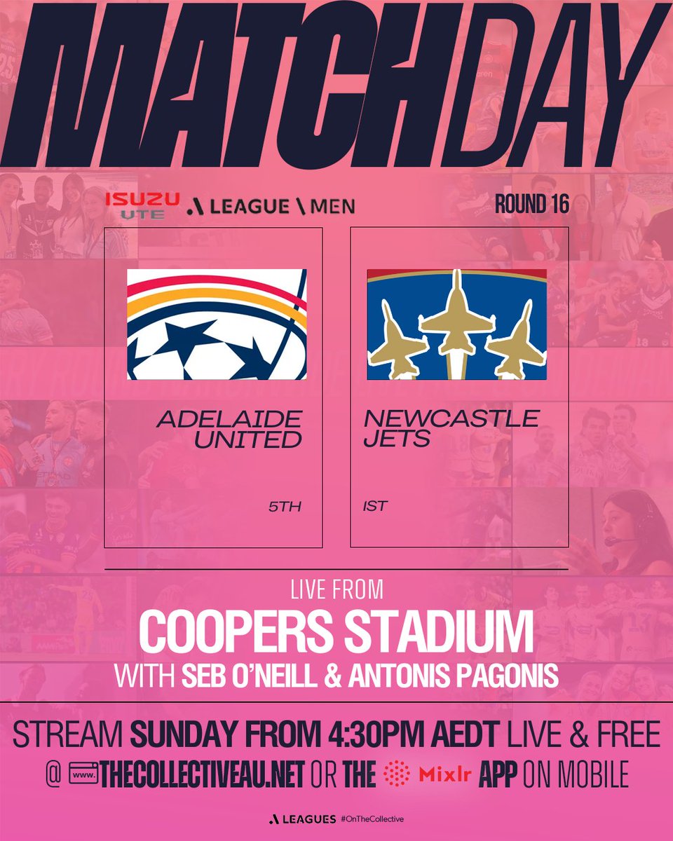🚨MOTW ON THE COLLECTIVE🚨

This Sunday our Match of the Week will emanate from Coopers Stadium between <a href="/AdelaideUnited/">Adelaide United</a> and <a href="/NewcastleJetsFC/">NEWCASTLE JETS FC ✈️</a> 

Join <a href="/seb_oneill11/">Seb O’Neill</a> and <a href="/Pagonis98/">Antonis Pagonis</a> for the call from 4:30pm AEDT 

Listen live on thecollectiveau.net or on the Mixlr App!

#ADLvNEW