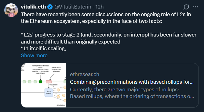 TheAlpha_Bull's tweet photo. Two days, two scares from Bro Vitalik 🥶

Yesterday: sold ~$2.3M in $ETH to donate to charity.
Today: questioned whether Layer 2s still fit Ethereum’s vision.

Holders sweating. 😭 https://t.co/8JEDMOqDlt