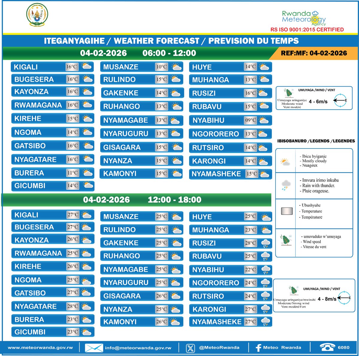 Tariki ya 04 Gashyantare 2026 hagati ya saa 06:00 na saa 12:00 nta mvura iteganyijwe mu Turere twose tw’Igihugu.

Hagati ya saa 12:00 na saa 18:00 hateganyijwe imvura yumvikanamo inkuba mu Ntara y’Iburengerazuba; ahandi ntayo.<a href="/MeteoRwanda/">MeteoRwanda</a> <a href="/CityofKigali/">City of Kigali</a>