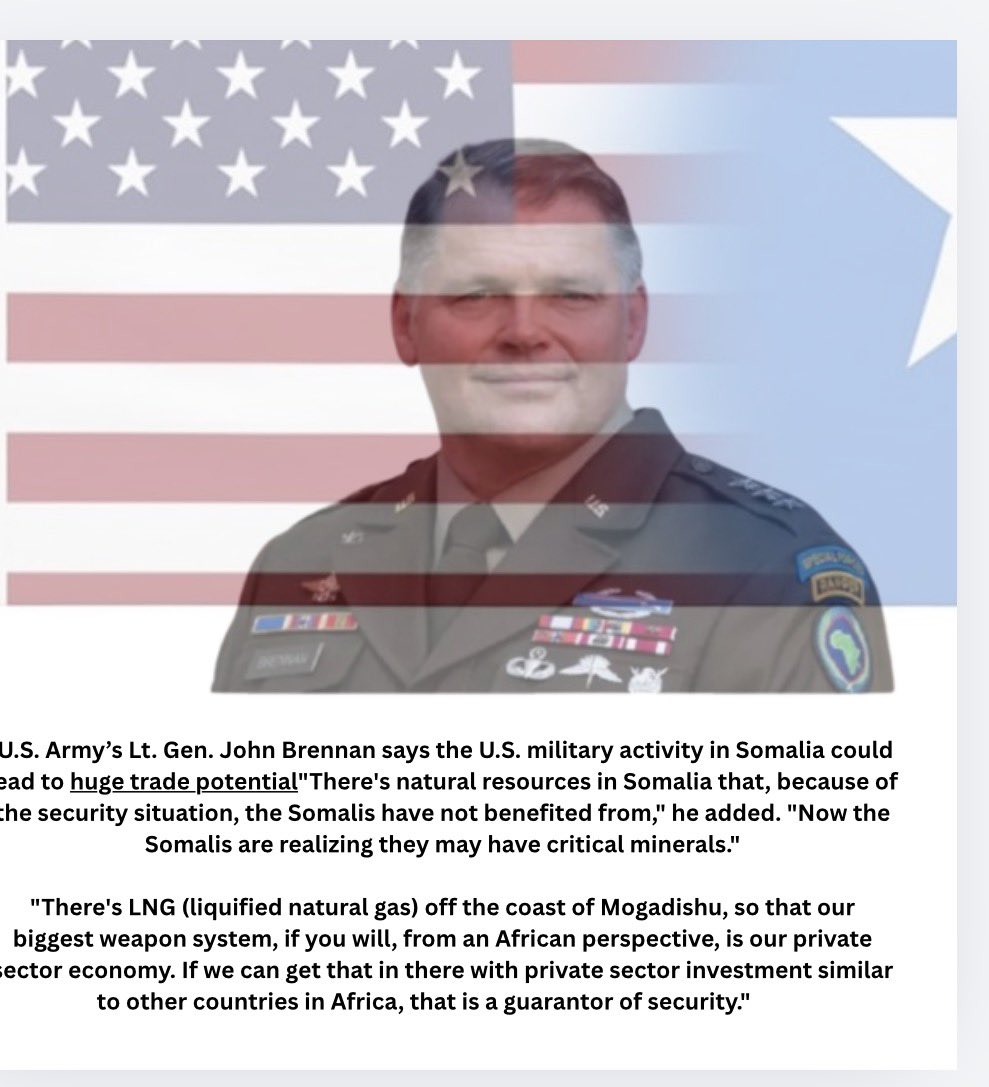 Osman_estate's tweet image. U.S. Army’s Lt. Gen. John Brennan  says the U.S. military activity in Somalia could lead to huge trade potential"There's natural resources in Somalia that, because of the security situation, the Somalis have not benefited from," he added. "Now the Somalis are realizing they may…