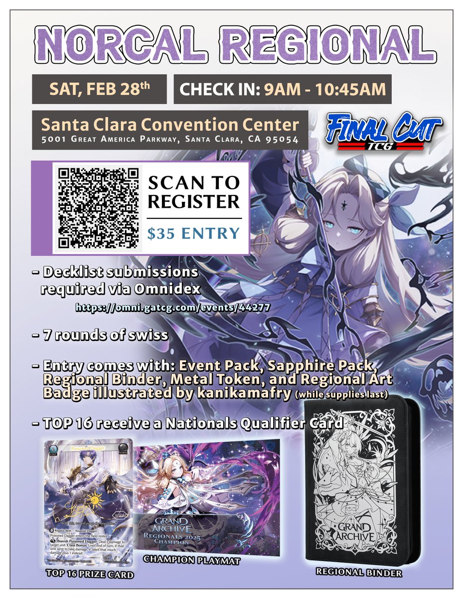 Join us at the NorCal Regional for Phantom Monarchs season on February 28th!

✅ Fanartist booth feat. <a href="/kanikamafry/">Kani🦀🌌 @ Allen Grand Archive lvl 3 wen (please)</a> 
✅ Livestream feat. casters <a href="/jimtheeternal/">JimTheEternal</a> &amp; <a href="/SolarGames/">Solar Games</a>
✅ Trade night until 11 PM
✅ Grand Archive tournament fun!

Links below ⬇️ #grandarchivetcg
