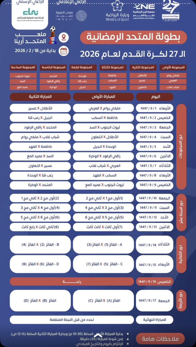 AL_ROAB's tweet photo. جدول مباريات بطولة المتحد الرمضانية الـ 27 

الرعب &amp; الوحدة - الخميس 2 / 9 
الرعب &amp; الجيل - الاربعاء 8 / 9 https://t.co/zInSvNKMJE