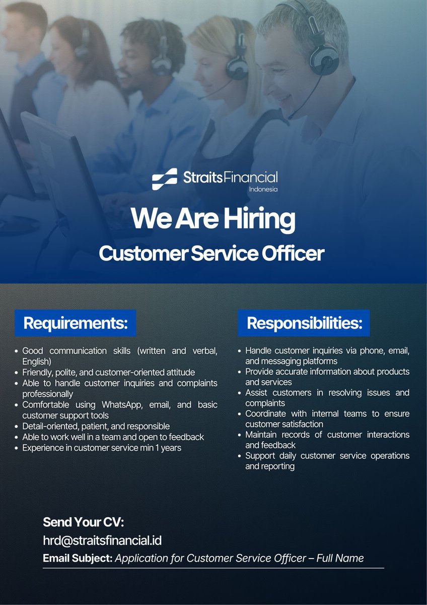 Lowongan kerja untuk Customer Service. Kantornya di PIK. Fresh Graduated welcome yang penting mau belajar ya. 

#lowongankerja #lowongankerjajakarta #lowker #CustomerService #hrd