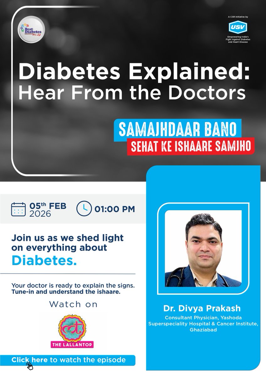 MedidentCare's tweet image. Diabetes explained.
Signs decoded.
Facts that matter.

Join Dr. Divya Prakash live on The Lallantop
📅 05 Feb 2026 | ⏰ 01:00 PM

Because being informed is the first step to better health.

#DiabetesAwareness #HealthEducation #DoctorTalks #PreventDiabetes #HealthyIndia