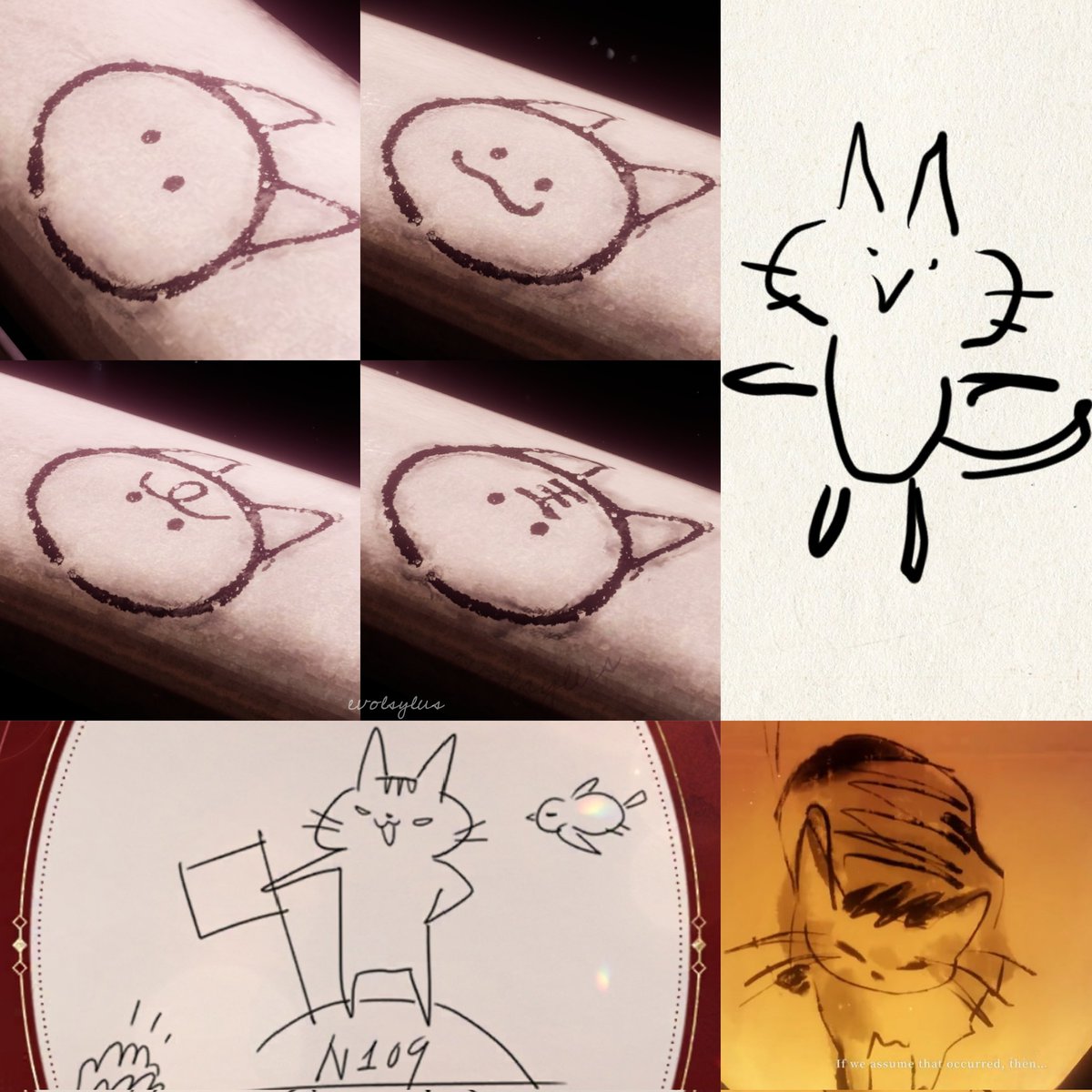 a small compilation of sylus cat drawings /•᷅•᷄\੭