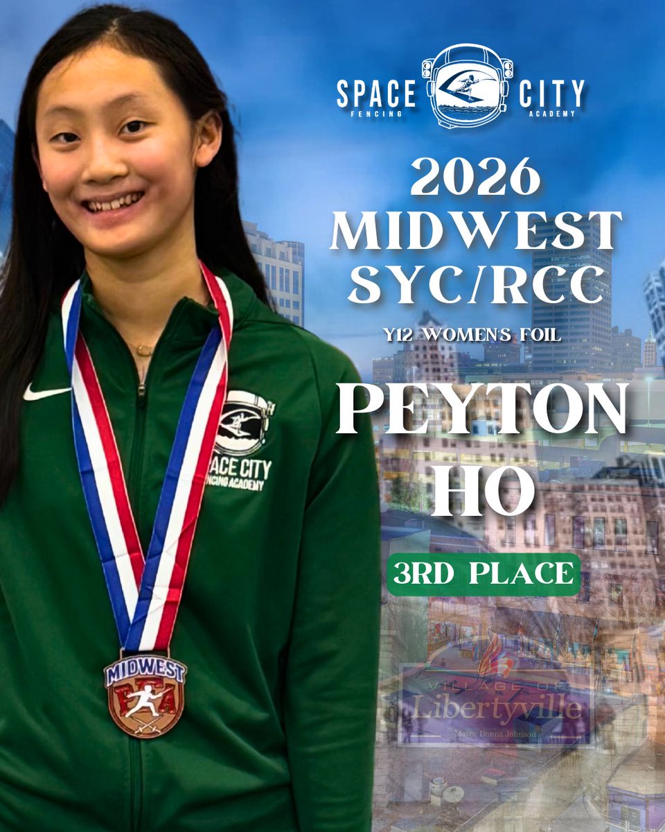 SpacecityFA's tweet photo. Huge congratulations to our very own fencer Peyton Ho for an amazing 3rd place bronze medal finish in Y12 Women’s Foil at the 2026 Midwest SYC/RCC in Libertyville, Illinois 🥉🤺🔥
We are incredibly proud of you, Peyton 💚✨
#fencing #usafencing #fencingposts #illinois #usa https://t.co/XgDa49BcHH