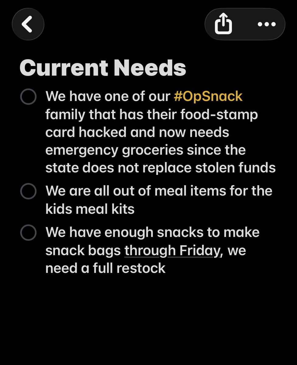 LittleMissFlint's tweet image. Today one of our #OpSnack teens knocked on the door. Her family just got their monthly EBT benefit deposit and it was stolen leaving them with nothing for groceries. 

So in addition to needing to do a full snack/meal item restock I want to make sure this family isn’t going…