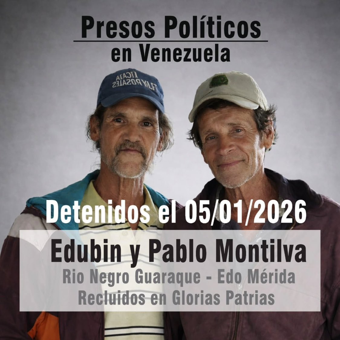 En #Mérida, Edubin y Pablo Enrique Montilva Ramírez, hermanos agricultores de 65 y 64 años, aislados en el campo a 4 horas de la ciudad, fueron detenidos por la policía y la PNB solo por ser opositores. El régimen los acusa de “incitación al odio”, “traición a la patria” y