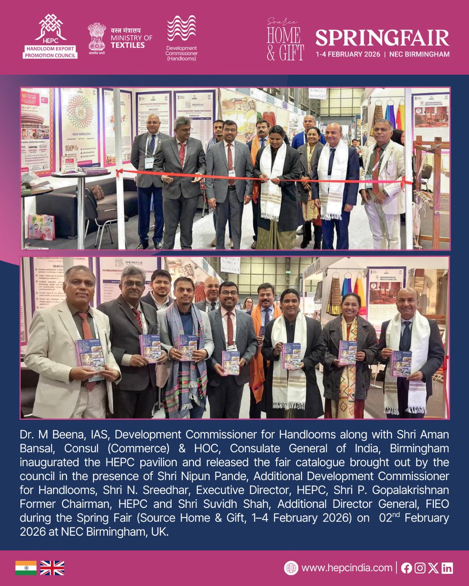 HEPC_India's tweet photo. HEPC India at Spring Fair (Source Home &amp; Gift).  

🗓️ 1-4, February 2026 
📍 NEC Birmingham, UK 

 #MyHandloomMyPride #Local2Global https://t.co/UiUogjpJA3