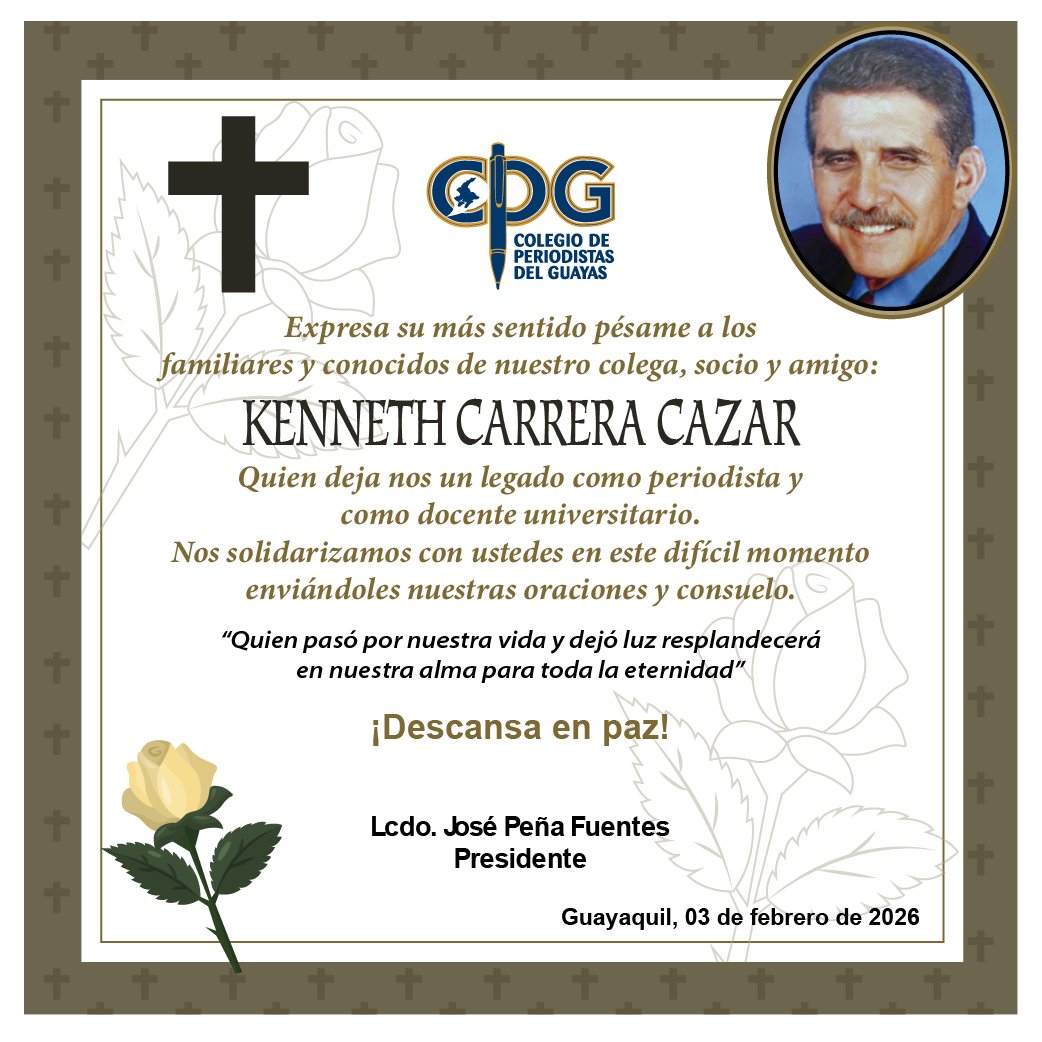 CPGuayas's tweet photo. Con profundo pesar, despedimos a un maestro de las letras y de la vida. 

Su legado en el periodismo y su entrega incondicional en las aulas universitarias dejan una huella imborrable en las generaciones que formó.

¡Descansa en paz amigo KENNETH CARRERA CAZAR!. https://t.co/QkqA9ZccS9