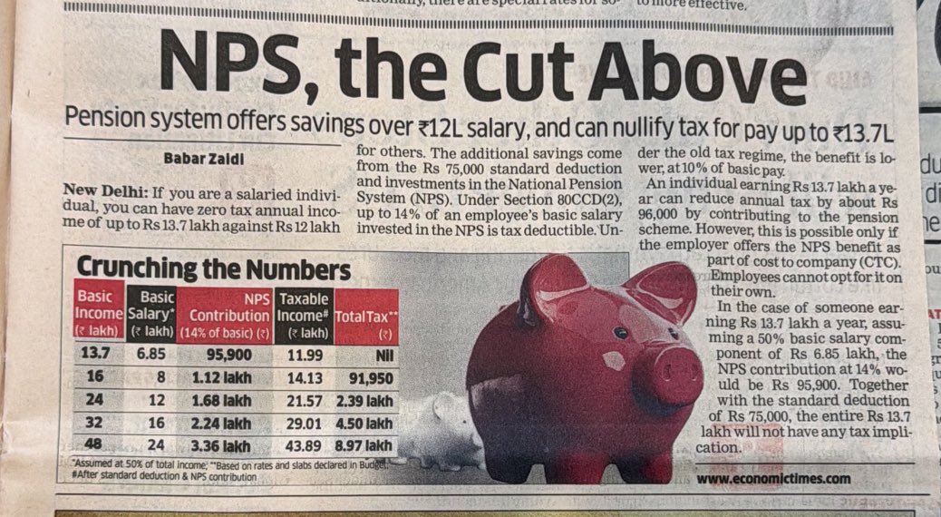 Zero tax liability for a salary up to ₹13.7 lakh/annum if using NPS