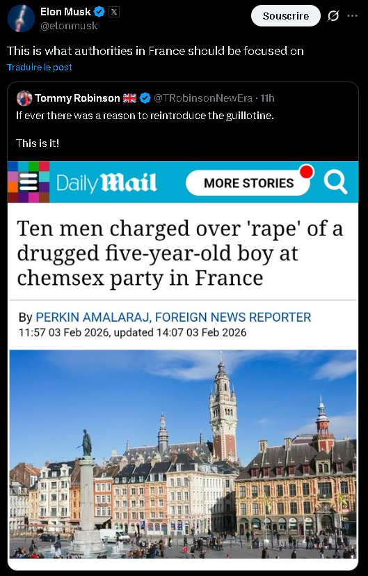 L_ThinkTank's tweet photo. [ 🇺🇸 ÉTATS-UNIS | 🇫🇷 FRANCE ]

🔸 Elon Musk a partagé un article sur la mise en examen à Lille de dix hommes pour le viol d’un enfant de 5 ans et déclare que c’est sur ce type de crimes que les autorités françaises devraient se concentrer. https://t.co/HRWkSKYRnf