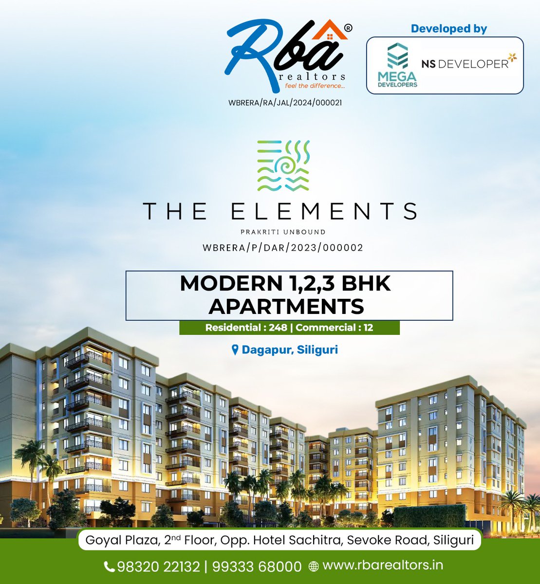 rbarealtor's tweet image. "Discover *The Elements* – modern 1, 2 &amp;amp; 3 BHK apartments in Dagapur, Siliguri. Developed by NS Developer &amp;amp; Mega Developers, marketed by RBA Realtors. 🏡 Call *98320 22132* or *99333 68000*, visit rbarealtors.in. #TheElements #ModernApartments #Dagapur