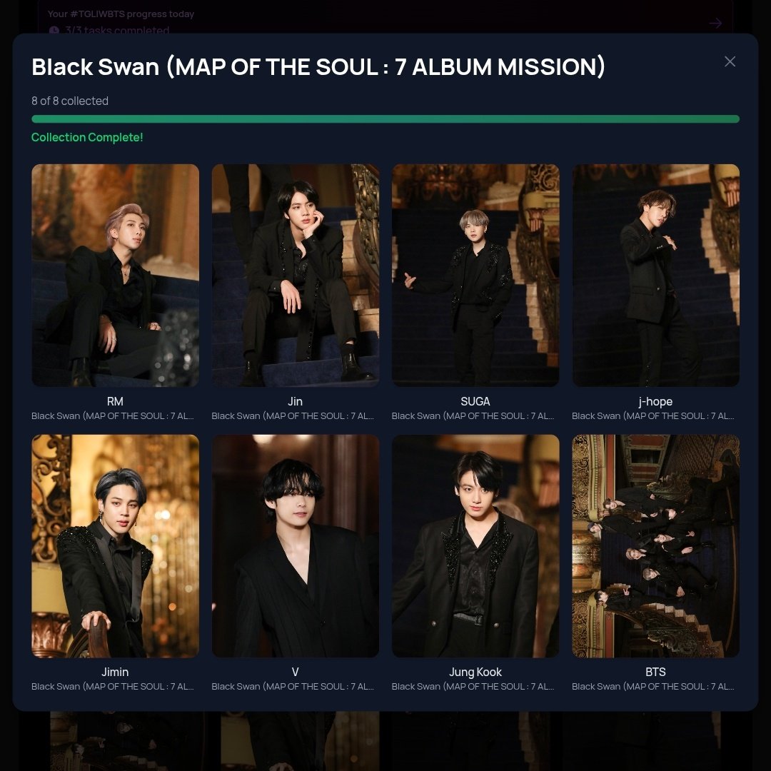 Jaaziii's tweet photo. N°56 Echo ✅️
N°57 War Of Hormone ( Dark &amp; Wild Album Mission) ✅️
N°58 Black Swan (Map Of The Soul: 7 Album Mission) ✅️
N°59 BE (Album Mission Exclusive) ✅️

Album Mission 4/15

#bcdtrade #bcdtrading #bcd_trade https://t.co/GgAA2ep0xt