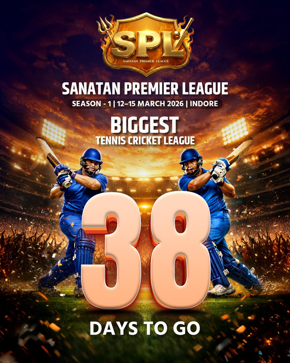 sanatanleague's tweet photo. 38 days. One league. Unlimited glory.
Are you ready for the biggest tennis cricket showdown?
📍 Indore | 🗓 March 2026
.
#SanatanPremierLeague
#SPLSeason1
#38DaysToGo
#TennisCricketLeague
#BiggestTennisCricket
#CricketFever @DN_Thakur_Ji @VijaySharmaLive https://t.co/73IagPUJmV