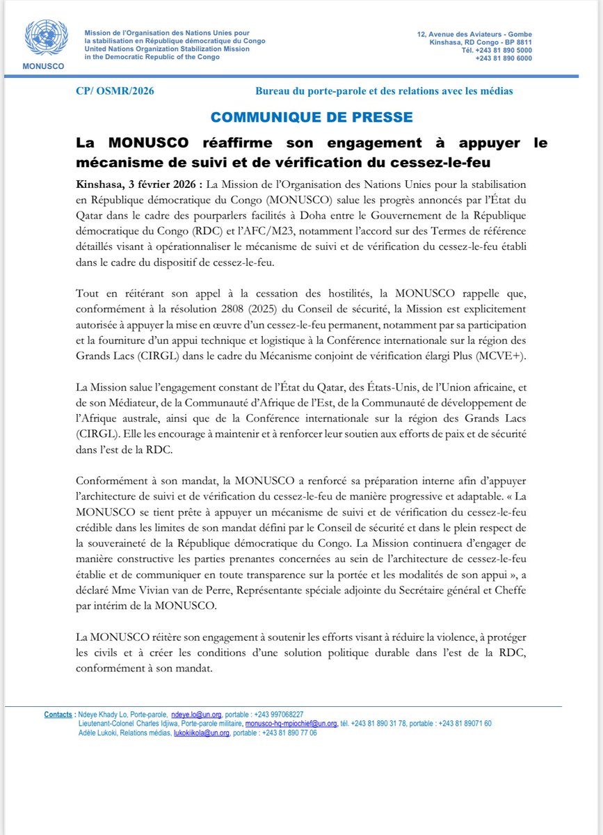 𝗥𝗗𝗖🇨🇩: la 𝗠𝗢𝗡𝗨𝗦𝗖𝗢 se dit prête et réaffirme son engagement à appuyer le mécanisme de suivi et de vérification du cessez-le-feu entre le gouvernement et l’𝗔𝗙𝗖/𝗠𝟮𝟯, dans le cadre de son mandat et le respect de la souveraineté de la RDC.