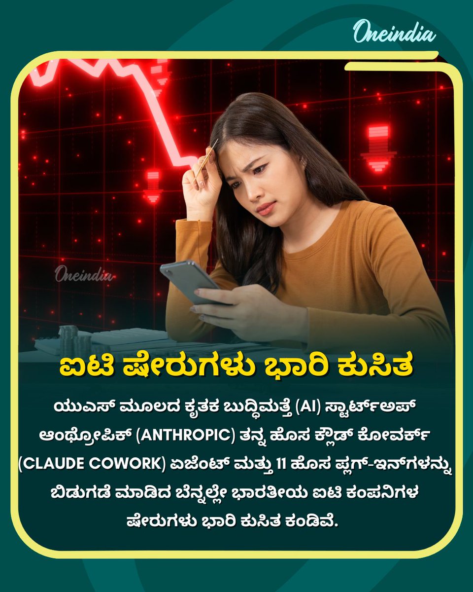 OneindiaKannada's tweet image. ಯುಎಸ್ ಮೂಲದ ಕೃತಕ ಬುದ್ಧಿಮತ್ತೆ (AI) ಸ್ಟಾರ್ಟ್‌ಅಪ್ ಆಂಥ್ರೋಪಿಕ್ (Anthropic) ತನ್ನ ಹೊಸ ಕ್ಲೌಡ್ ಕೋವರ್ಕ್ (Claude Cowork) ಏಜೆಂಟ್ ಮತ್ತು 11 ಹೊಸ ಪ್ಲಗ್-ಇನ್‌ಗಳನ್ನು ಬಿಡುಗಡೆ ಮಾಡಿದ ಬೆನ್ನಲ್ಲೇ ಭಾರತೀಯ ಐಟಿ ಕಂಪನಿಗಳ ಷೇರುಗಳು ಭಾರಿ ಕುಸಿತ ಕಂಡಿವೆ. 
#ITSector #ShareMarket 
#AITechnology #OneindiaKannada
