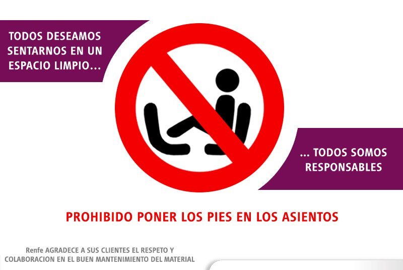 CercaniasMadrid's tweet photo. 👣❌ Respeta el espacio común.

💺Evita poner los pies en los asientos.

🚆 Mantén #CercaníasMadrid limpio y cómodo para todos. https://t.co/Cfa3ZYRSEs