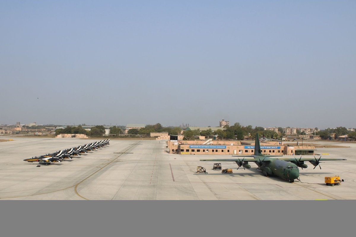 DDNewslive's tweet photo. The Indian Air Force provided full operational support, including landing, technical assistance, customs and immigration, to a Republic of Korea Air Force contingent comprising nine T-50B aircraft of the Black Eagles Aerobatic Team and one C-130.

The team halted at Air Force Station Jamnagar from 31 January to 1 February 2026 while en route to Saudi Arabia for the World Defence Show 2026. 

#IAF #ROKAF #WorldDefenceShow2026 @SpokespersonMoD @IAF_MCC @PRODefRjsthn @PRODefPune @DefencePRO_Guj @DefPROMumbai