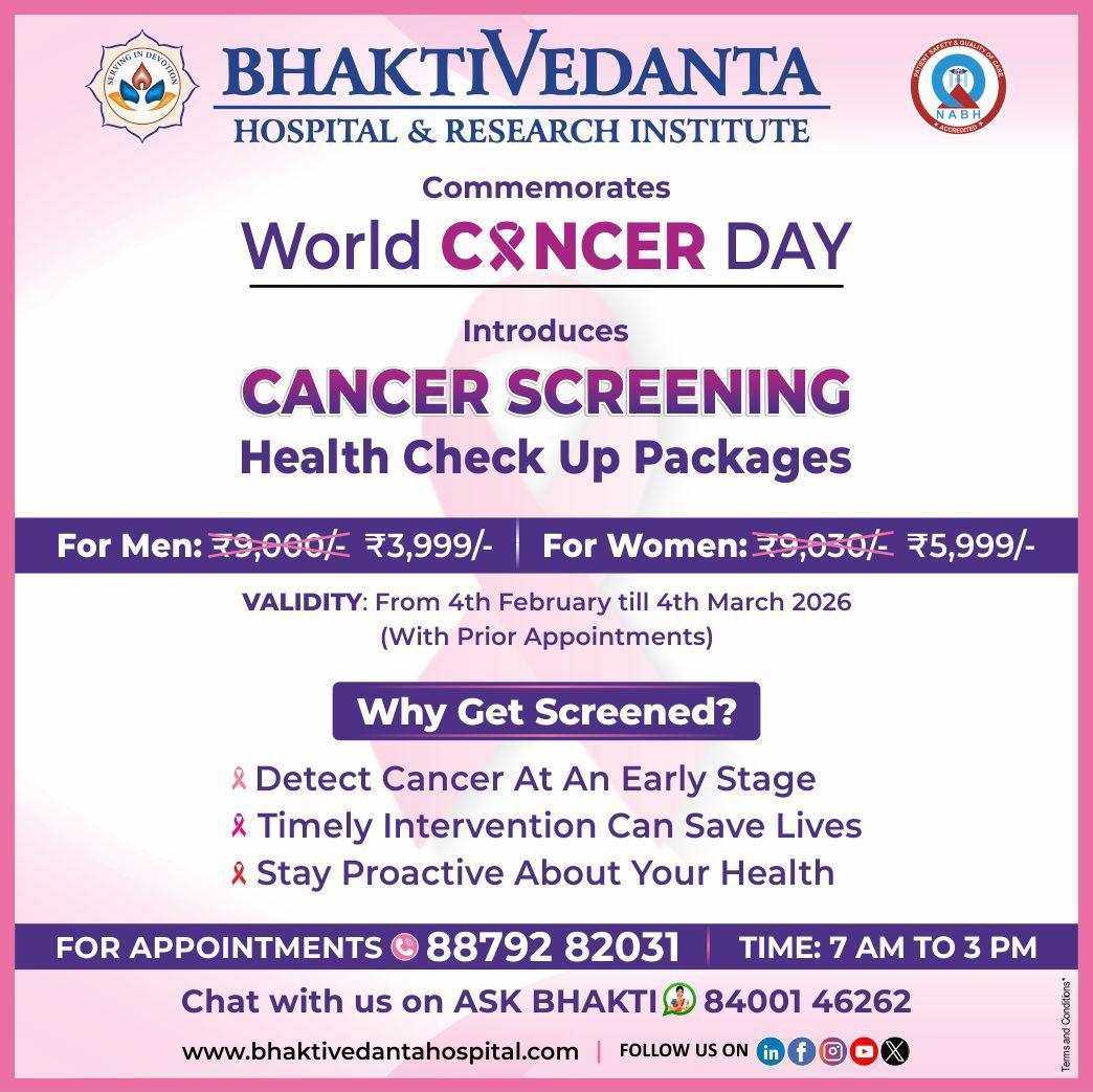 Bhaktivedanta_H's tweet photo. Cancer detected early can be treated better.
Don’t wait for symptoms. 🎗️
This World Cancer Day, avail Cancer Screening Packages
For Men: Avail at ₹3999/-
For Women: Avail at ₹5999/-
From 4 Feb – 4 Mar 2026 | Prior appointment 📞 8879282031
#CancerTesting #CancerScreening https://t.co/qbb7s89uaM