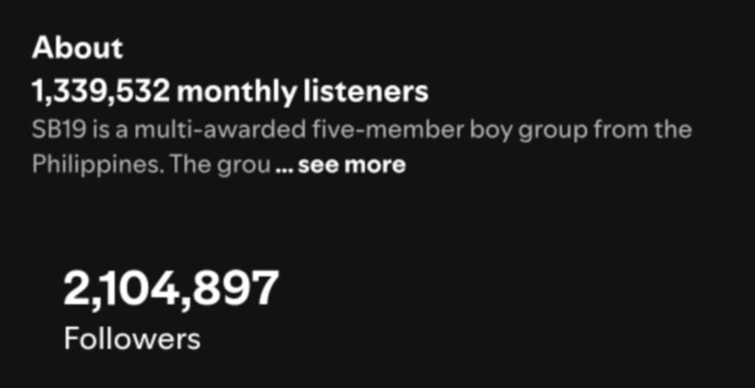SB19 gained 1,075 new monthly listeners on Spotify.

Keep sharing their music and don’t forget to like their songs. Every single track has its own story to tell. Let their music reach more hearts.

open.spotify.com/artist/3g7vYcd…

<a href="/SB19Official/">SB19 Official</a> #SB19