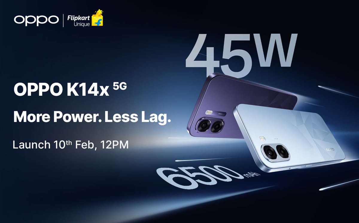 Zunaidflyn's tweet photo. Ready for Life’s Little Spills!
OPPO K14x 5G launching in India on 10th February at 12PM 🇮🇳
✅ IP64 Dust &amp; Splash Resistance
✅ 45W Fast Charging ⚡
✅ Massive 5500mAh Battery 🔋
✅ 30 Days Free Replacement – No tension if any manufacturing issue!
More Power.
#OPPOK14x5G https://t.co/TJ6UGi6Bo3
