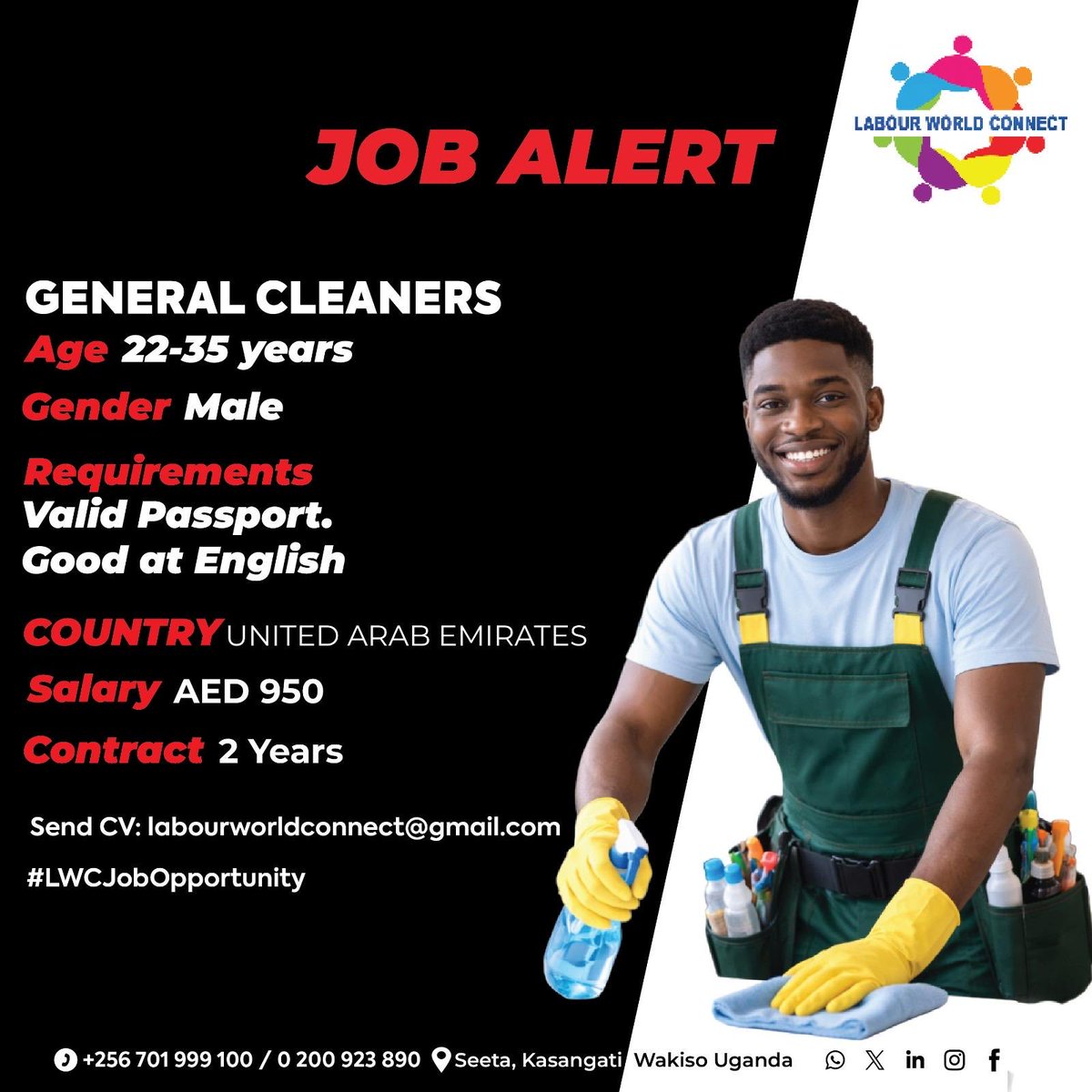 Drive your career forward under Cleaning and Sanitation Sector! 

Our client is hiring general cleaners , and we want to hear from you. Apply now through our agency via 📧 labourworldconnect@gmail.com by sharing your CV| #LWCJobOpportunity