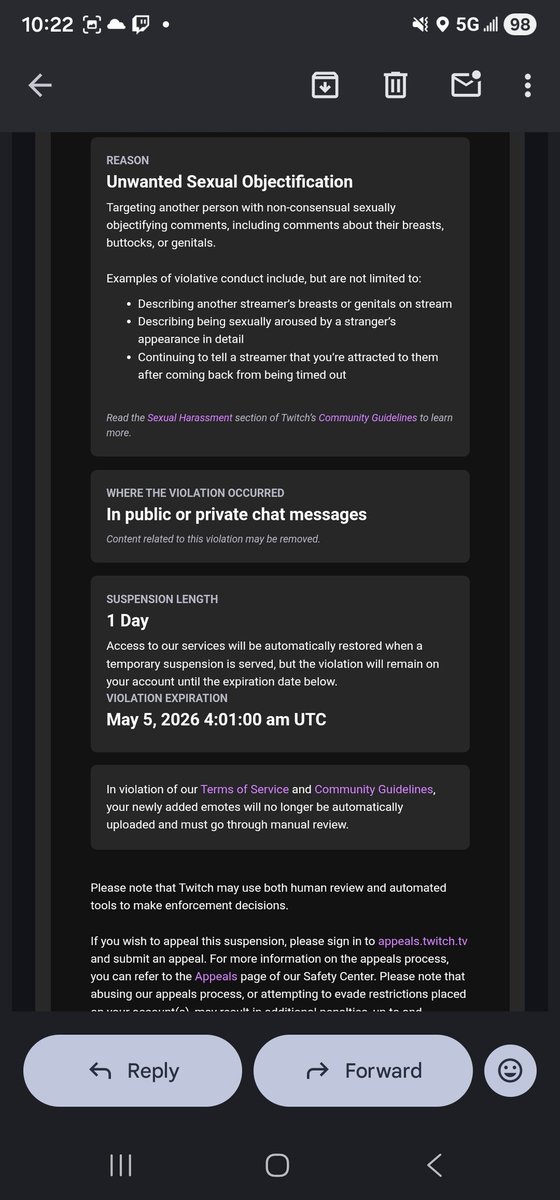 Guess I'm speed running a twitch suspension. I got a 24 hour ban for asking, "Are you real?" in charlottemunster's chat. Why did I ask, because I genuinely thought it was AI. The question was immediately deleted and then I was suspended.

Seems like a bit of an overreaction.