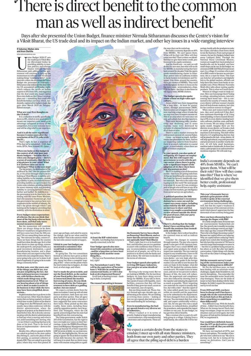 nsitharamanoffc's tweet photo. "The big picture, the destination is Viksit Bharat by 2047. But the picture clarity, or the prism through which you are looking at Viksit Bharat, is stability: providing stability to the taxpayer, providing stability in policy to manufacturers, providing stability as a government for Centre-state relations, providing stability for newer visionary work, and providing stability in carrying forward reforms, further and further. 

So stability it is - the government is in its third term, continuing with the same Prime Minister, that’s the assurance businesses get. 

And this government has anyway been very responsive to the wishlist of industry."

- Smt @nsitharaman in an interview to @htTweets. #ViksitBhararBudget

Read the full interview here: https://t.co/8CA18bCimL