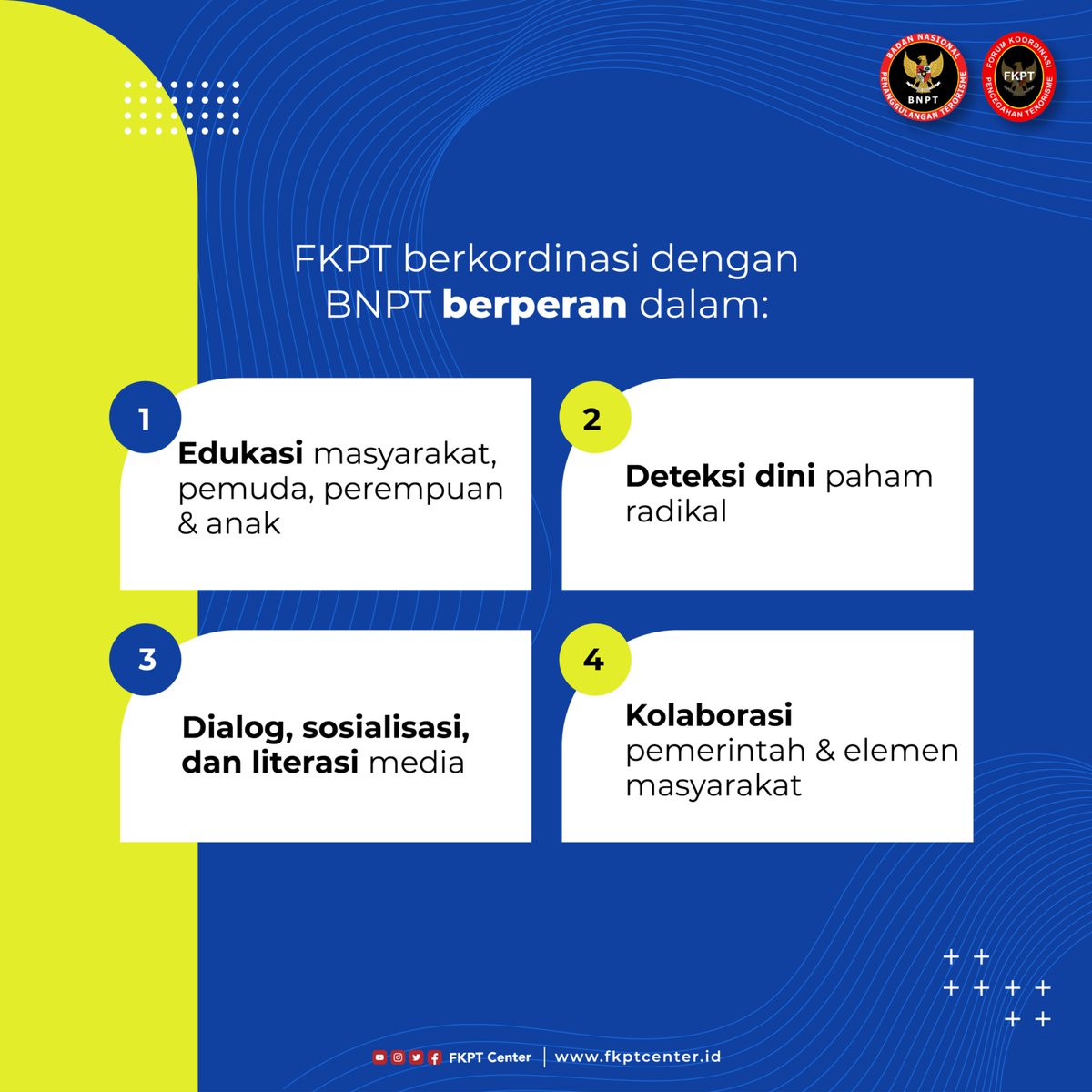 fkptcenter's tweet photo. FKPT (Forum Koordinasi Pencegahan Terorisme) hadir sebagai mitra strategis BNPT di daerah untuk mencegah radikalisme dan terorisme sejak dini Lewat edukasi, dialog, literasi media, dan kolaborasi lintas elemen masyarakat. 
#YukKenalinFKPT
#FKPT
#BNPT
#SiapJagaIndonesia https://t.co/PfSTRfXbcQ