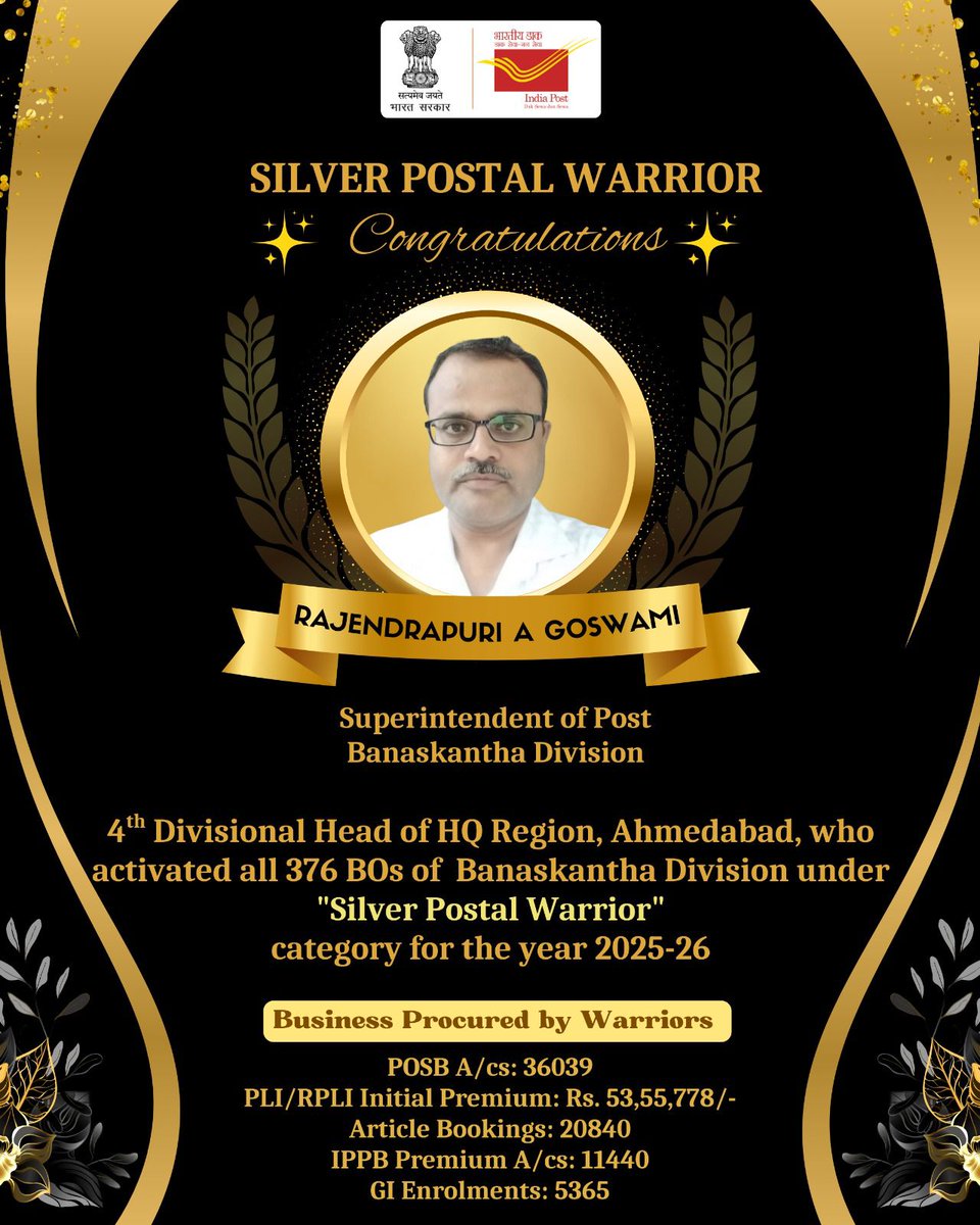 pmgnorthgujarat's tweet photo. Proud to announce that Sh. Rajendrapuri A. Goswami, Superintendent of Post, #Banaskantha Division under North #Gujarat Region has become the 4th Divisional Head to successfully activate all 376 Branch #PostOffices under Silver #PostalWarrior Category. #Congratulations
#IndiaPost https://t.co/1R5DXbnsbt