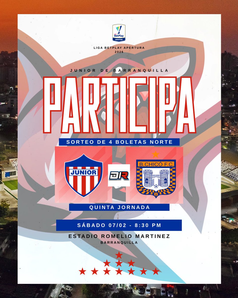 HEMOS VUELTO 🫶🏼🎉 

Participa para ser uno de los 4 ganadores de una 🎟️ 🎟️ 🎟️ 🎟️ GRADERÍA NORTE para ir a ver al <a href="/JuniorClubSA/">Junior FC</a> 🔴⚪️🦈 ante BOYACÁ CHICO en su regreso al 🏟️ ROMELIO MARTÍNEZ 

🦈 Condiciones

🔹 Seguir a tu cuenta amiga <a href="/DlaRans_/">DlaRans</a> 🪬
🔹 Darle RT a la publicación…
