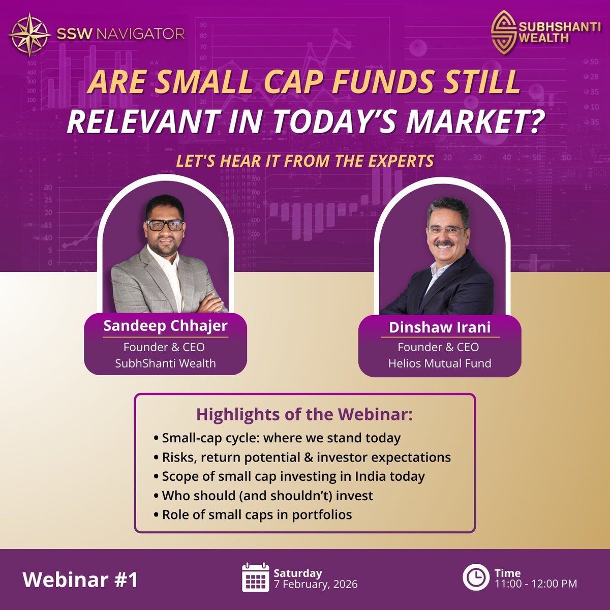 "Understanding" risk is easy. Staying disciplined when volatility hits is the hard part.

​Join me &amp; <a href="/DinshawIrani/">Dinshaw S Irani</a> (CEO, <a href="/heliosMF/">Helios Mutual Fund</a>) on #SSWNavigator for a focused session on:

​🎙 Are #SmallCaps still relevant?
🗓 Sat, Feb 7 | 11 AM

​Register: us06web.zoom.us/webinar/regist…
​#Investing