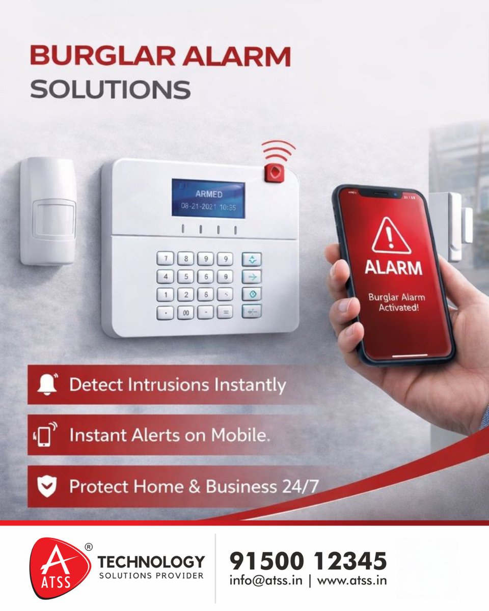 InfoATSS's tweet photo. 🚨Burglar alarm solutions for home and business security. Service:Burglar alarm solutions Features:Instant intrusion detection, mobile alerts, and 24/7 protection☎️91500 12345💻info@atss.in #BurglarAlarm #SecurityAlerts #IntrusionDetection #SmartAlarm #AntiTheftSystem https://t.co/F9dnrD0DoK