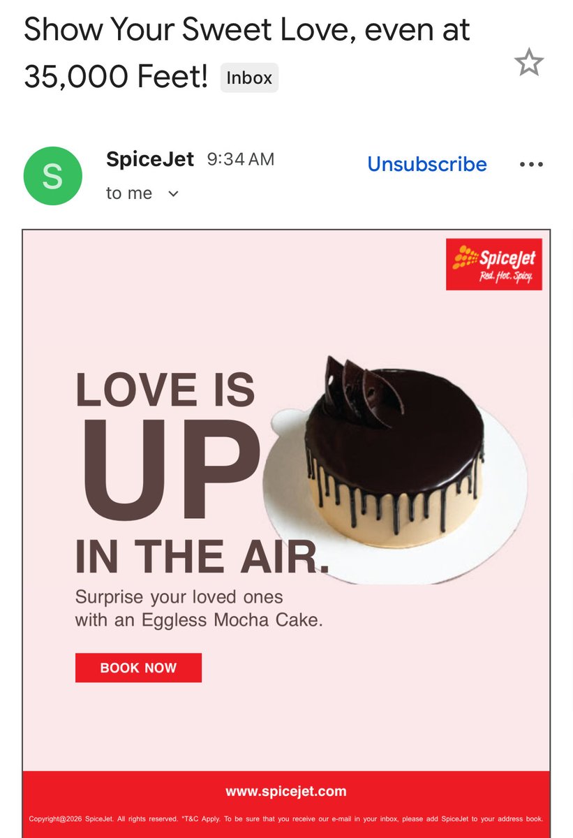 prashantnhn's tweet image. Received this in my mailbox from Spice jet.

SpiceJet: 'Love is up in the air.'

Me: 'Great, can we get my flight up in the air too? 
Or is it just the love that's departing on time?' 💀

✈️ At least there's cake for the delay. 

#TravelLife #Priorities #spicejet