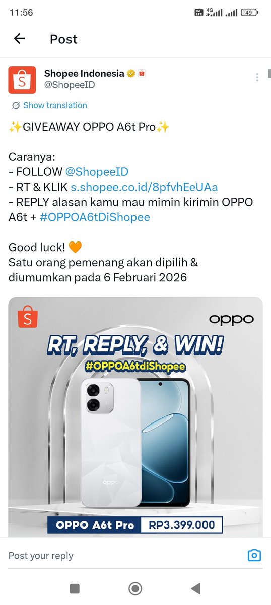 itsmedini29's tweet photo. @ShopeeID Udah saatnya hp legend aku pensiun &amp; diganti sama OPPO A6t Pro yg speknya juara ini. Biar kalau buka aplikasi Shopee gak pake loading lama pas mau checkout barang idaman! 😭🙏 Yuk bisa yuk menang! #OPPOA6tDiShopee https://t.co/1Rh4oevdD7