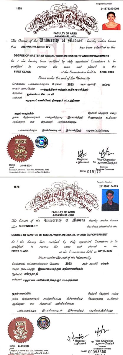 Nethrodaya's tweet photo. A victory for dignity and inclusion! 
 Nethrodaya's representation to University of Madras leads to crucial change, replacing derogatory term 'Iyalaamai' with 'Maatruthiran' in MSSW degree certificates. After a long-drawn battle, the University has finally realised its mistake. https://t.co/7uRUGMaAQY