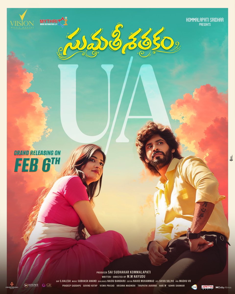 Viisionmovie's tweet photo. Certified U/A ✔️
A film for families and hearts alike. ❤️ 

Releasing in theatres Worldwide on FEBRUARY 6TH 🤩

Watch #SumathiSathakamTrailer 👇🏻
 - https://t.co/D9SvBE6Tbz

In Cinemas #SumathiSathakamOnFeb6

@Actor_amardeep #Saylimchaudhri @thejdvprasad #NayuduMediseti @Tastyteja1 @kommalapatisai @NahidCuts @mks131119 @Viisionmovie @SastudiosWav @tirupathijaava1 #SubhashAnand @MythriRelease @adityamusic