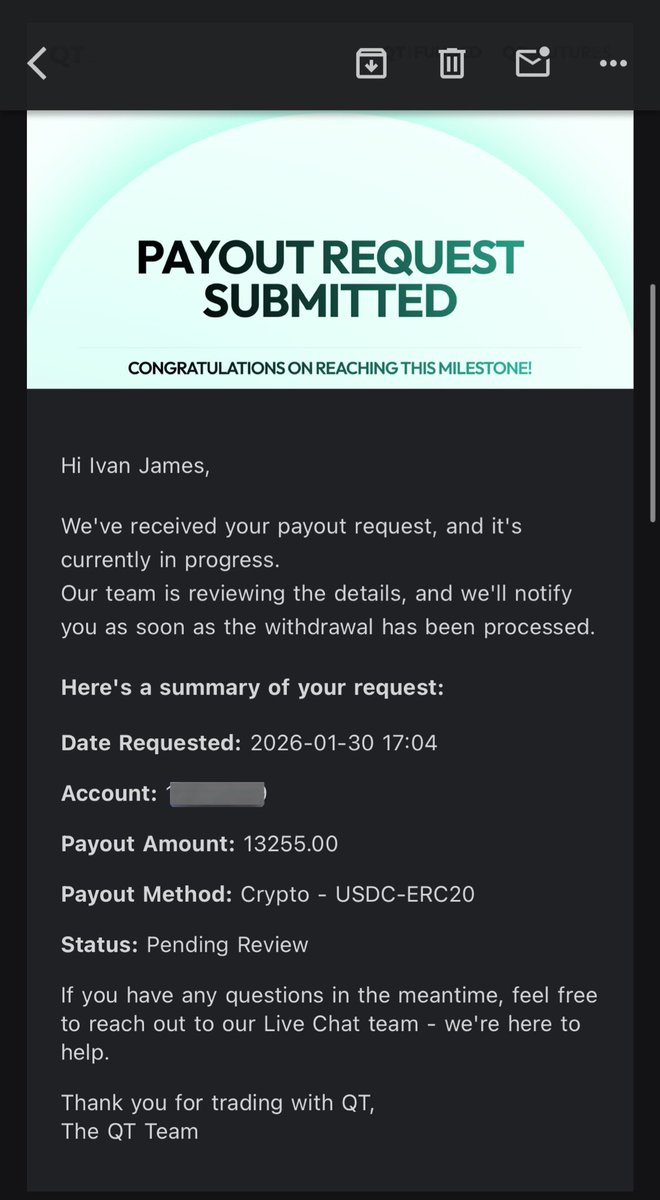 Requested a $13,255.00 payout with <a href="/QtFunded/">QT | FUNDED</a> last Friday 

My 5th payout request with them.

<a href="/AlexQuantTekel/">Alex</a> <a href="/QtFunded/">QT | FUNDED</a> always deliver 💚

PS: Still waiting for an update on the payout.