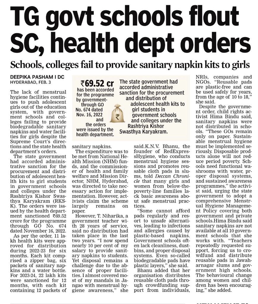 2 welcome moves - by the erstwhile state govt (Nov'22) &amp; by SC - against deplorable field realities. High time state govts adopt comprehensive MHM policy: menstrual hygiene means more than pads - ensuring girls bleed with dignity, without missing or dropping out from school.