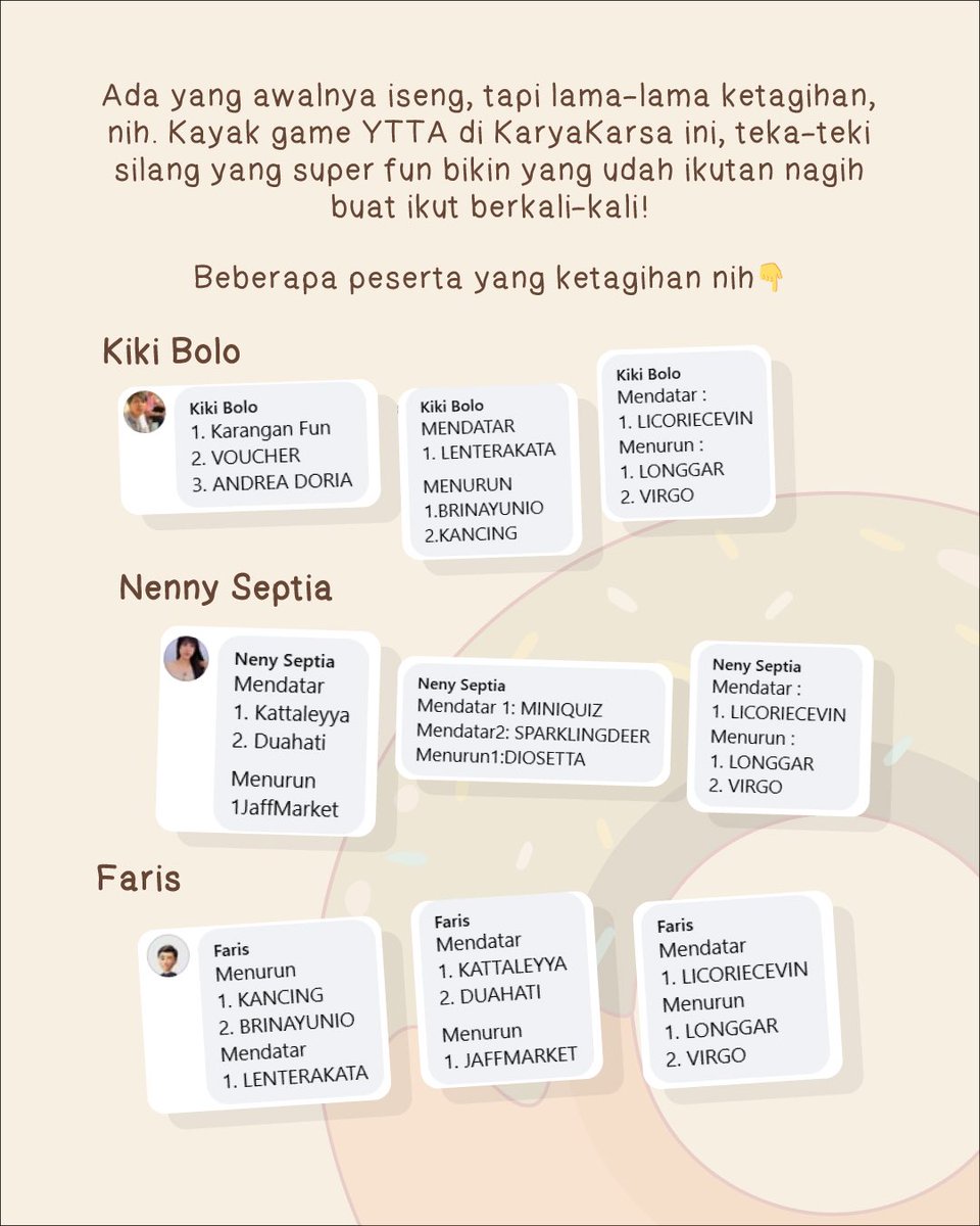 karyakarsa_id's tweet image. PANGGILAN KE PANGLIMA KAKOIN📢🔥

KaryaKarsa punya banyak kegiatan berhadiah kakoin dan ini salah satunya!✨

Kalau mau ikutan jangan lupa stand by info YTTA selanjutnya, ya!🚨

#KaryaKarsa #CeritaUntukSemua #hadiah #miniquizberhadiah #tekatekisilang