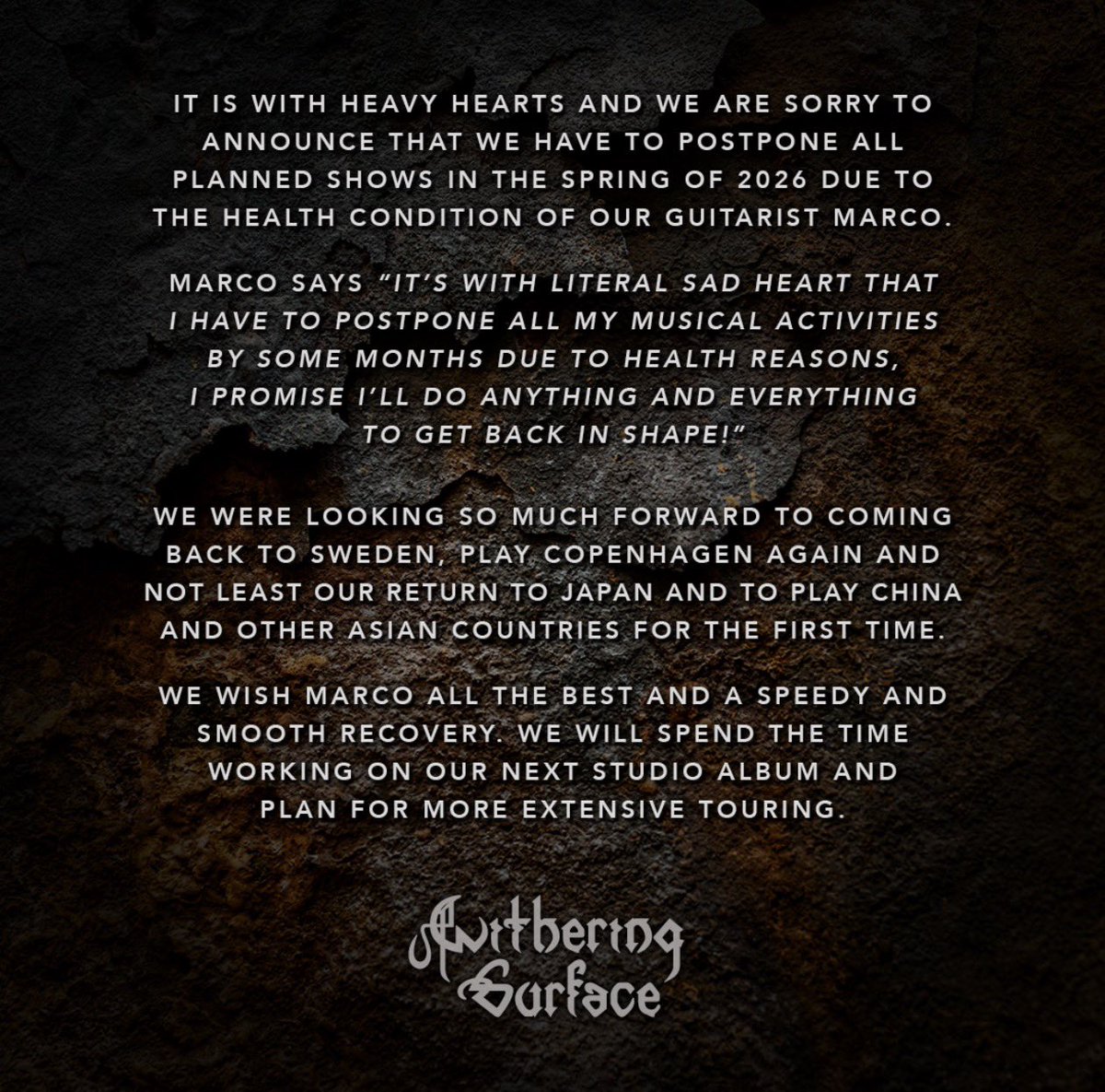 【お知らせ】
現在発売中の4月に東京・大阪にて行われる「Extreme Dark Night vol.9」ですが、参加予定だった「Withering Surface」のメンバーに健康上の問題が発生し、已む無く彼らの出演はキャンセルとなりました。

公演は予定通り「Mors Principium Est」と「Ethereal