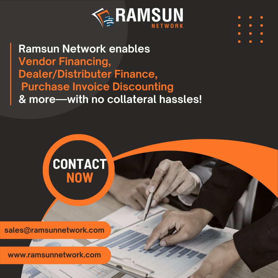 NetworkRamsun's tweet photo. Struggling with working capital?

Ramsun Network enables vendor financing, dealer/distributor finance &amp; purchase invoice discounting—all with no collateral hassles.

Unlock liquidity. Strengthen your supply chain. Grow smarter.

#RamsunNetwork #WorkingCapital #SupplyChainFinance https://t.co/DUUmQJdUC1