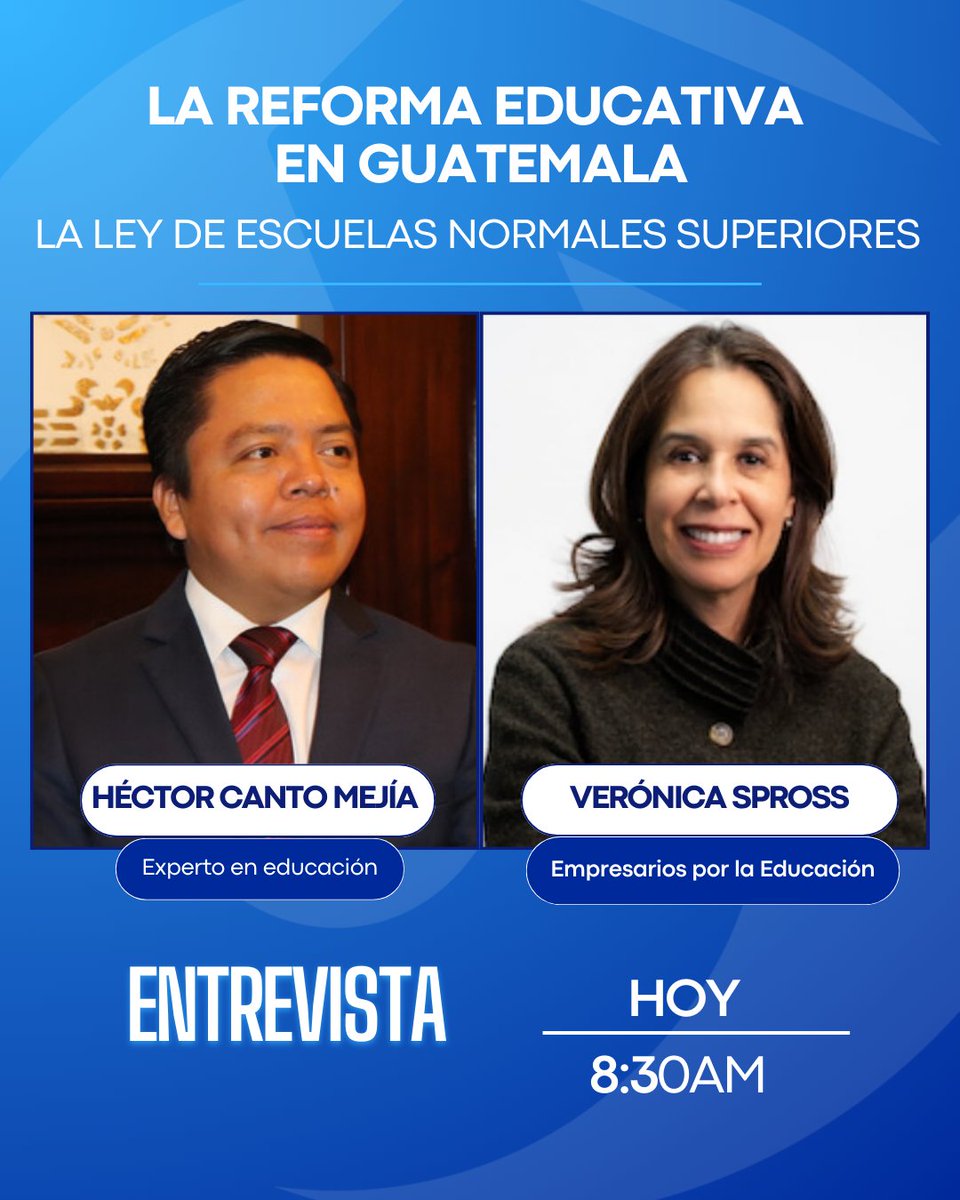 📡No se pierda hoy la entrevista con Verónica Spross de Rivera, directora ejecutiva de Empresarios por la Educación; y con Héctor Alejandro Canto Mejía, experto en educación.

🗣 Para analizar la Iniciativa 5770, que busca modernizar la formación docente en Guatemala.

Siga en